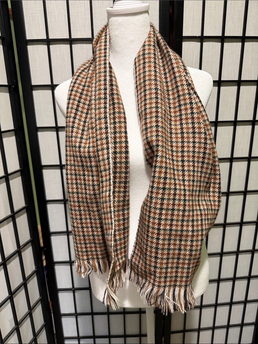 Men's Vintage Canadian 100% Merino Wool Houndstooth Tassel Scarf Warm